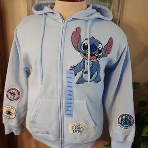Disney Stitch Jacket Women's L Blue Hoodie Patches Full Zip Pockets - NWT